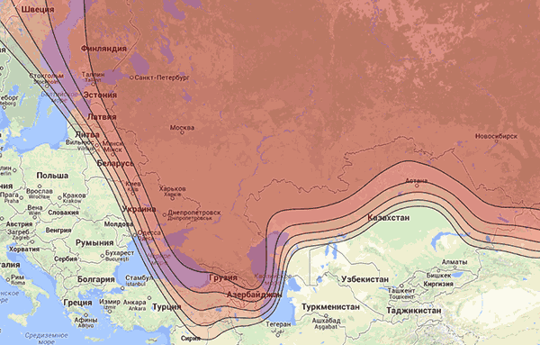 Coverage map of the Yamal-402 satellite